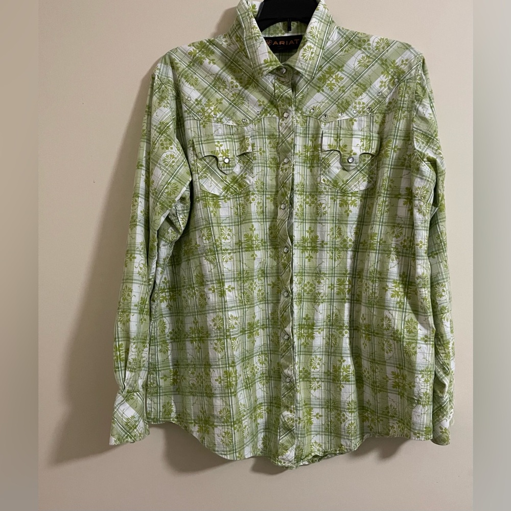 Ariat Long Sleeve Snap Button Green Check Floral Western Shirt Women’s Sz XL